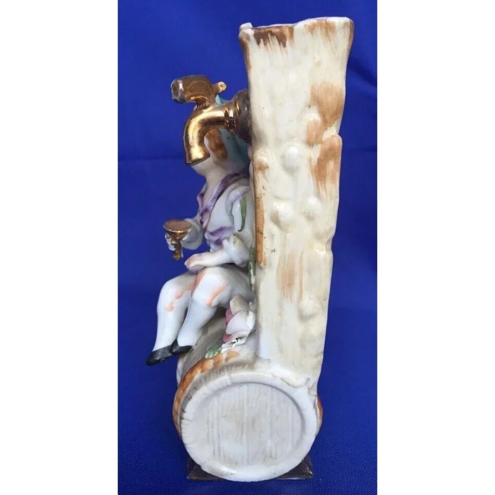 Porcelain Bud Vase Boy Figural Figurine Sitting on Water Barrel Bisque Vintage - Picture 9 of 11